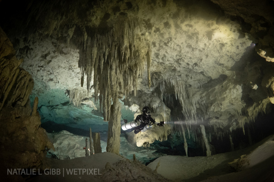 Diver Hana Cho patiently sat in this position for at least 30 minutes while I moved seven video lights around to get this shot at Cenote Nohoch Nah Chich.