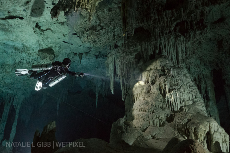 Diver Rick Dobbins illuminates what I call the Jabba the Hut formation at Cenote Nai Tucha. This photo looks simple, but took five video lights and about thirty minutes to set up. 