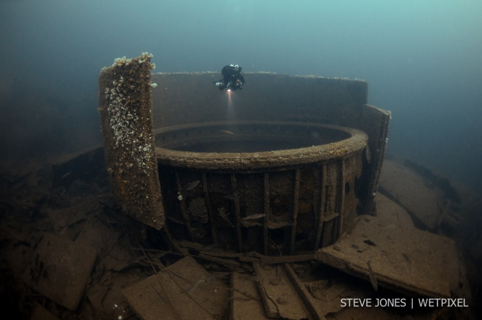 The armoured barbette that housed one of the 5 main gun turrets of HMS Audacious, the first British battleship to be sunk in WW1