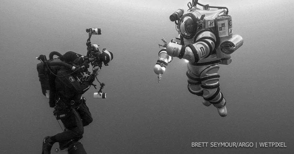 Photographer Brett Seymour shoots the Exosuit off the coast of Antikythera.