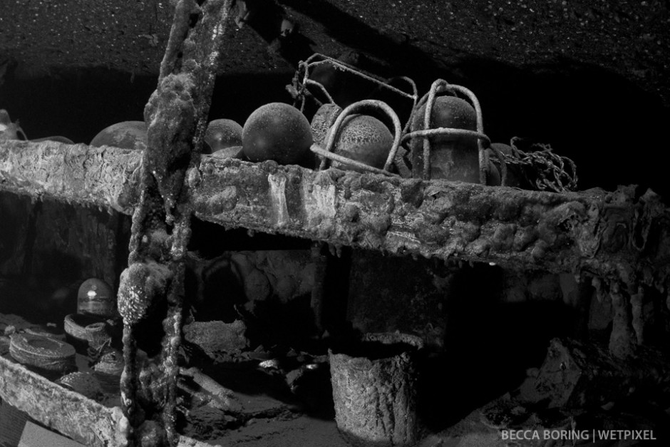 Cage lights stored in the machine shop on the Fujikawa Maru.