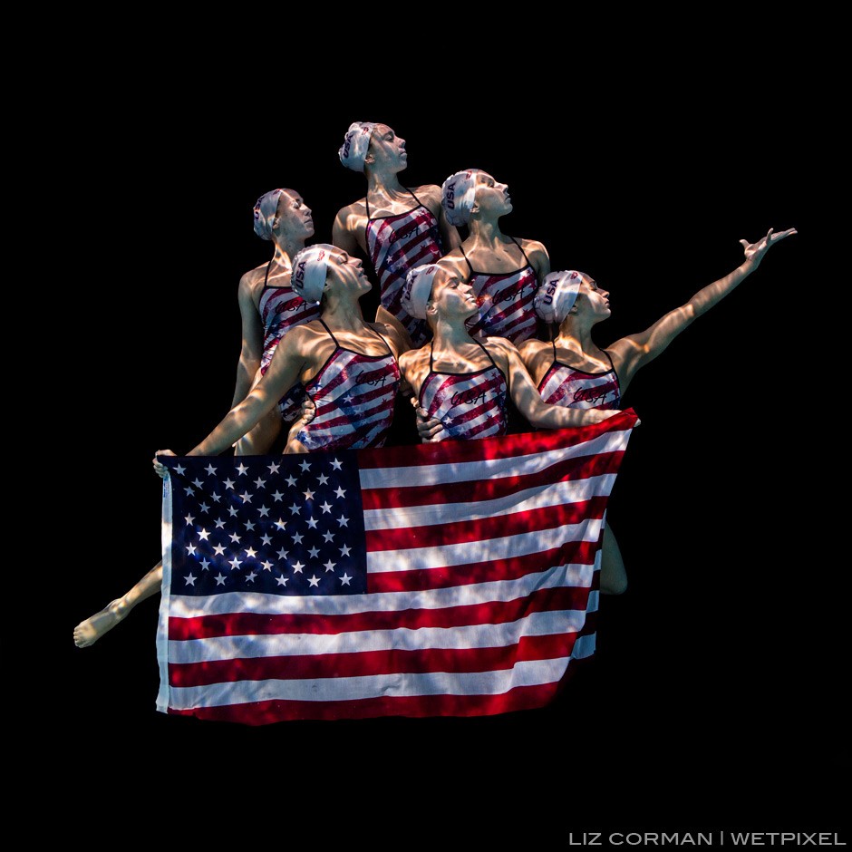 2016 US National Synchronized Swim Team. Clockwise starting at 12 – Claire Barton, Mariya Koroleva, Anita Alvarez, Phoebe Coffin, Sarah Rodriguez, Alison Williams. Inspiration: Washington Crossing the Delaware by Emanuel Gottlieb Leutze 1851.