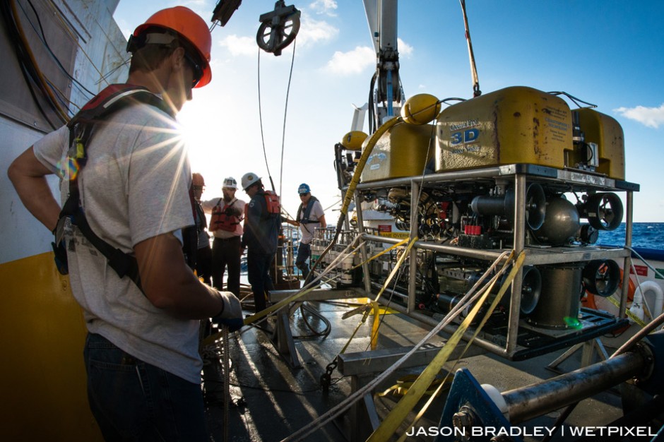 Oceaneering's ROV is about to released in the Mississippi Canyon, in the Gulf of Mexico.  The target depth for this dive was 2000 meters.